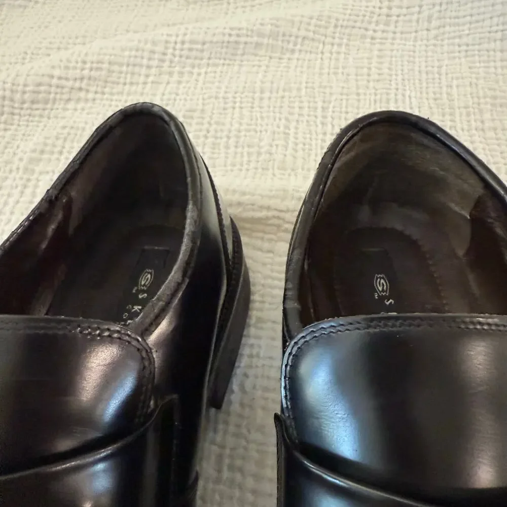 Skechers Slip On Loafer Size 13 Black Leather Silver Metal Rubber Sole